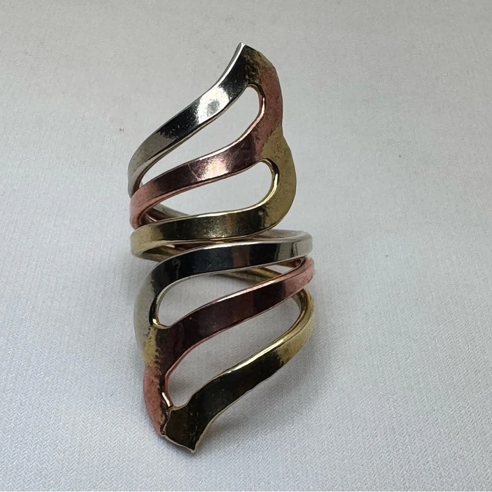 Vintage Mexico Tri Tone Silver Gold Rose Gold Statement Ring Boho